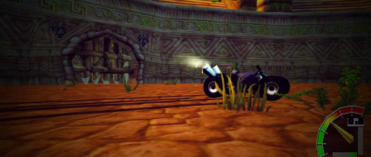 A kart boosting past the walls of the Gurubashi Arena