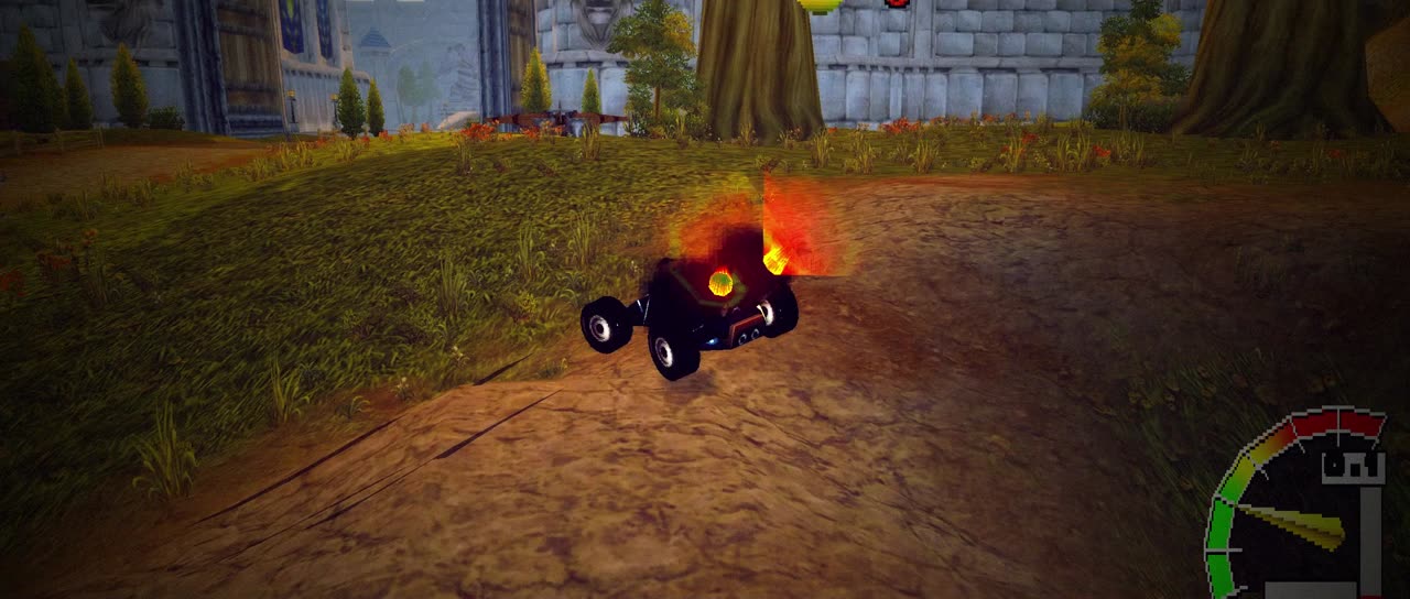 A kart with turbo flames on the road outside Stormwind